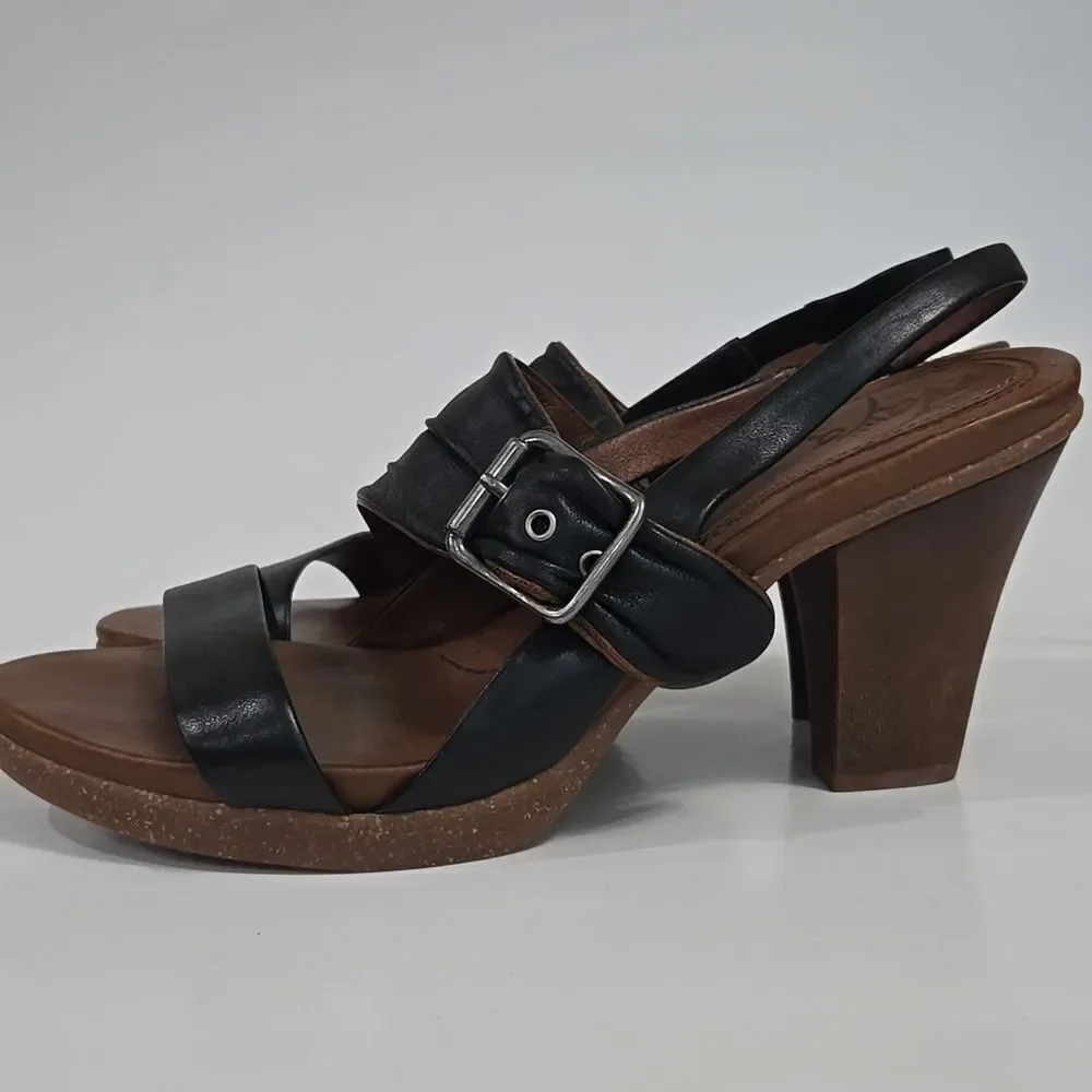 Naya Alamosa Black Leather Sling Back Sandals Block Heel Sz 9.5 Buckle Strappy‎